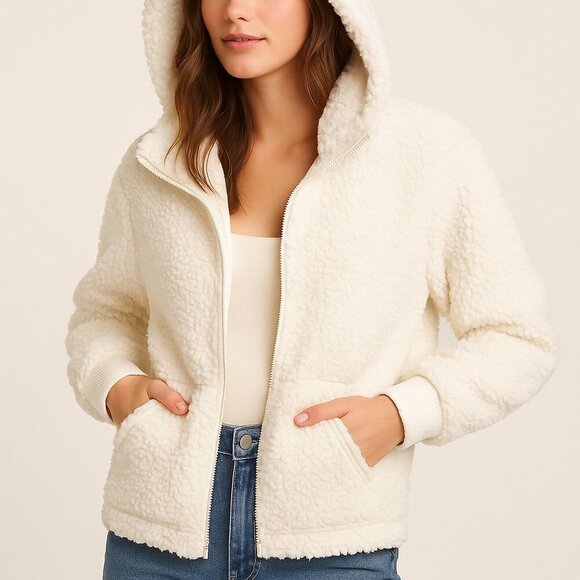 Abercrombie & Fitch White Sherpa Fleece Zip Up Hoodie Jacket Size Large - Picture 1 of 9
